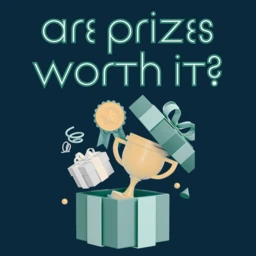 Illustration of a golden trophy, prize ribbon, and wrapped gift box emerging from a teal box, symbolizing the question: 'Are prizes worth it?'—balancing the excitement of rewards with the purpose of school fundraising