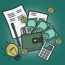 Illustration of a wallet with cash, coins, documents, a calculator, and a lightbulb, representing school budgeting, smart fundraising strategies, and creative financial planning for education programs