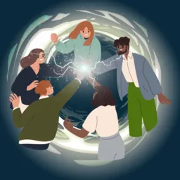 five casually dressed superheros fist bump with lightning