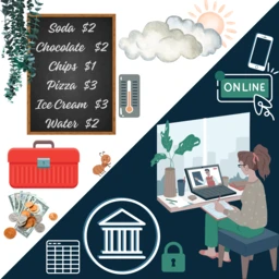 A split-image collage contrasting traditional fundraising items like a chalkboard price list and cash box with online fundraising tools like a laptop and digital bank icons, capturing the transition to digital fundraising in schools