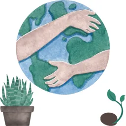 Watercolor illustration of the Earth being hugged by two human arms, symbolizing global care, eco-friendly fundraising, and sustainable school support, with plant and seedling icons promoting green initiatives