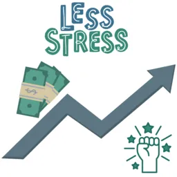 Illustration with the phrase 'Less Stress' above an upward arrow carrying bundles of money, symbolizing effective school fundraising with reduced pressure and increased empowerment, highlighted by a raised fist and stars