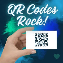 A digital image showing a hand holding a small card with a black-and-white QR code, set against a vibrant teal and blue background with the playful text 'QR Codes Rock!' above, illustrating the excitement and effectiveness of using QR codes for fundraising