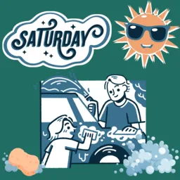Illustration of a sunny Saturday car wash fundraiser with kids washing a car, surrounded by soap bubbles, a sponge, and cheerful sun and text elements, promoting fun and effective school fundraising events